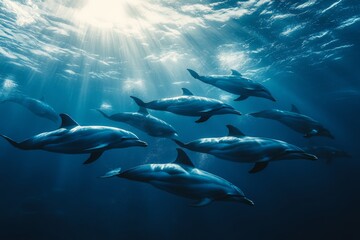 Dolphin Pod Swimming Through Sunbeams