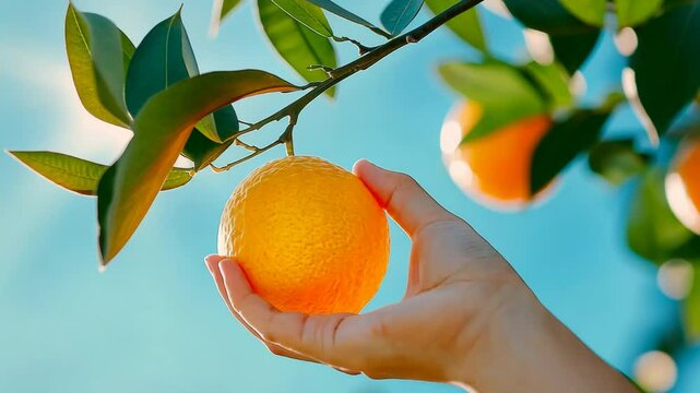 Hand picking ripe orange from tree branch with green leaves against blue sky. Fresh citrus fruit harvest in sunny orchard. Organic farming and healthy eating concept 
