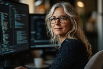 A skilled software developer works intently on her project in a modern office environment
