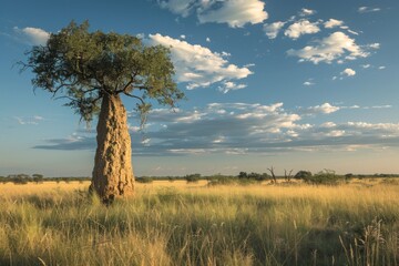 Termite Mound with Tree in Grassland Landscape