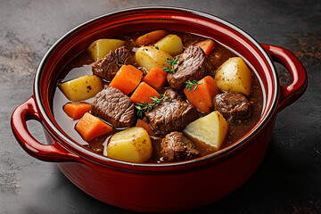 hearty beef stew served in a vibrant red ceramic cooking pot