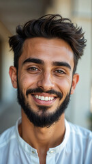 Obraz premium close up portrait photo of young smiling handsome arab pakistani muslim man