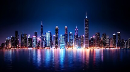 Obraz premium A night cityscape features skyscrapers with shimmering water reflections, creating a stunning urban view.