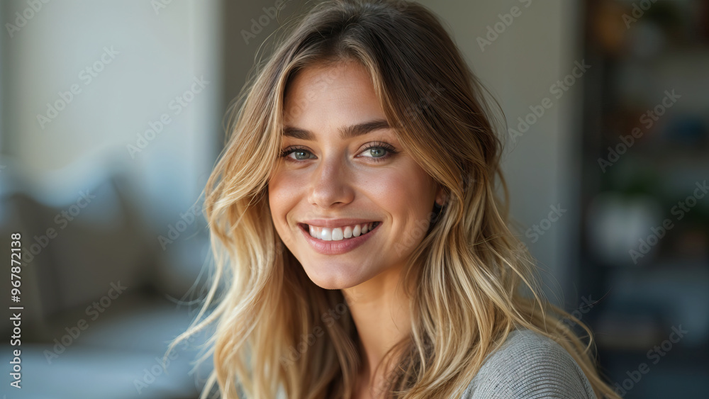 Wall mural closeup photo portrait of young beautiful gorgeous russian smiling women candid shot indoor blurred background