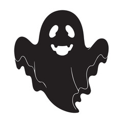 A simple and minimalist silhouette of a cheerful ghost. The ghost is completely black with a wide, friendly smile and large oval eyes, giving it a playful and approachable appearance 
