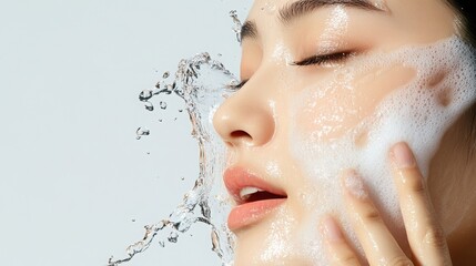 Naklejka premium Woman Washing Face with Water and Foam
