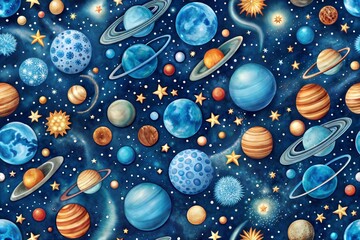 Colorful watercolor illustration of planets and stars on dark blue background