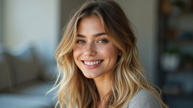 closeup photo portrait of young beautiful gorgeous russian smiling women candid shot indoor blurred background