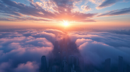 A breathtaking sunrise shines over a distant cityscape nestled in a sea of clouds