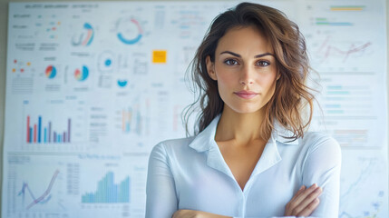 femme d'affaires debout de face devant un tableau avec courbes et graphiques