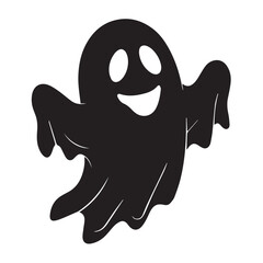 A simple and minimalist silhouette of a cheerful ghost. The ghost is completely black with a wide, friendly smile and large oval eyes, giving it a playful and approachable appearance 