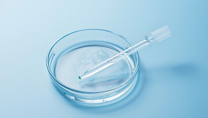 Glass pipette and petri dish with liquid on light blue background, closeup