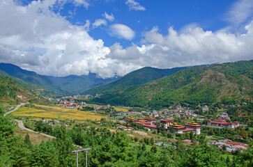 Naklejka premium Bird's eye view of Thimpu royal palace in Bhutan on a sunny day.