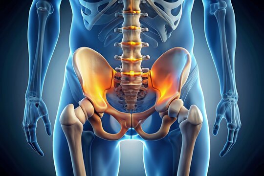 male pelvic bone structure complex anatomy detailed illustration crisp medical art blue gray mood serious style technical term osseous pelvis sacrum coccyx pubic symphysis