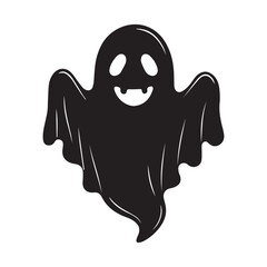 A simple and minimalist silhouette of a cheerful ghost. The ghost is completely black with a wide, friendly smile and large oval eyes, giving it a playful and approachable appearance 
