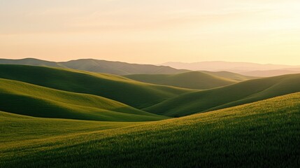 Obraz premium Lush green hills under a soft sunset, creating a serene landscape.