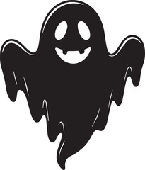 A simple and minimalist silhouette of a cheerful ghost. The ghost is completely black with a wide, friendly smile and large oval eyes, giving it a playful and approachable appearance 