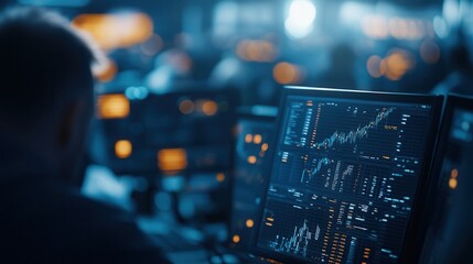A professional examining financial data on a computer screen, surrounded by blurred office equipment in a modern setting.