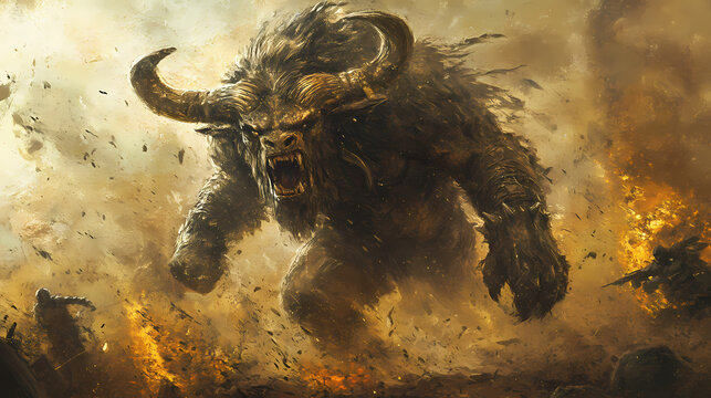 A minotaur charging through a warzone. Minotaur. Illustration