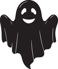 A simple and minimalist silhouette of a cheerful ghost. The ghost is completely black with a wide, friendly smile and large oval eyes, giving it a playful and approachable appearance 