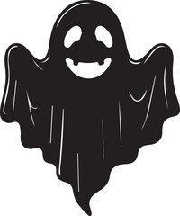 A simple and minimalist silhouette of a cheerful ghost. The ghost is completely black with a wide, friendly smile and large oval eyes, giving it a playful and approachable appearance 