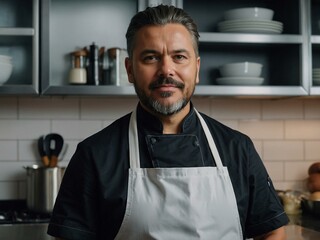 Confident chef standing proudly, ready to create masterpieces in a modern kitchen.