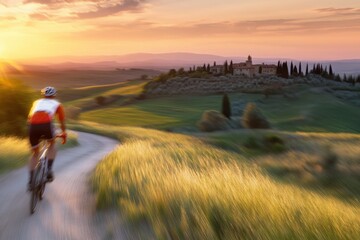 Fototapeta premium Cyclist on a Winding Country Road: Biking Through Rolling Hills and Green Fields 