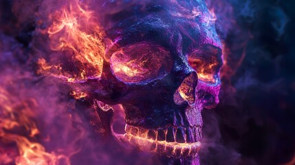 Fototapeta premium Epic skull with neon flames and glowing bones standing out in a dark intense environment.
