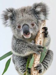 Obraz premium A baby koala is holding a branch in its mouth