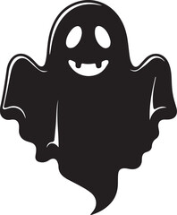 A simple and minimalist silhouette of a cheerful ghost. The ghost is completely black with a wide, friendly smile and large oval eyes, giving it a playful and approachable appearance 