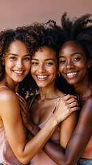 Fototapeta premium three diverse young beautiful girls smiling black afro american diversity inclusion womens day concept vertical photo