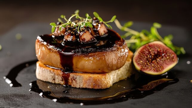 A gourmet foie gras dish with a balsamic glaze, served on a slice of toasted brioche