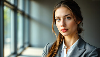 Fototapeta premium young beautiful women executive in formal business suit posing against minimal blurred office hallway copy space