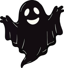 A simple and minimalist silhouette of a cheerful ghost. The ghost is completely black with a wide, friendly smile and large oval eyes, giving it a playful and approachable appearance 