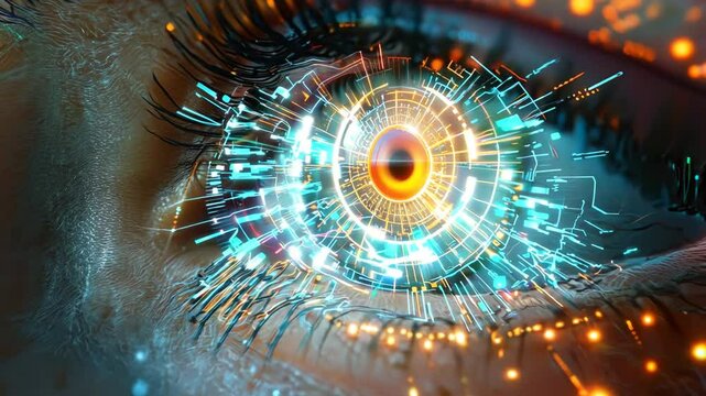 Close-up of a human eye with digital enhancements and glowing patterns suggesting advanced technology or cybernetics.