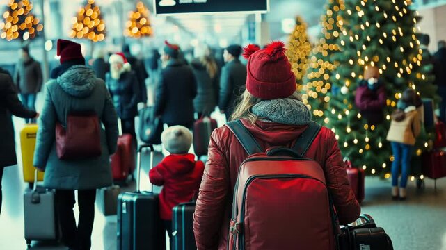 Woman with red backpack and luggage waiting at busy airport during holiday season, surrounded by Christmas decorations and other travelers. Winter travel scene with suitcases and festive lights