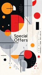 This artwork features a minimalist design emphasizing special offers using bold colors and geometric shapes layered over a light backdrop