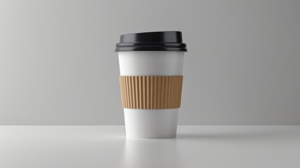 A white coffee cup with a brown sleeve sits on a table