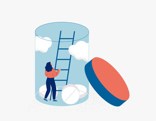 Woman want to get rid from drug addiction and dependence. Female struggles with fear and doubts on the recovery journey and healthy lifestyle. Healing from substance abuse. Vector illustration