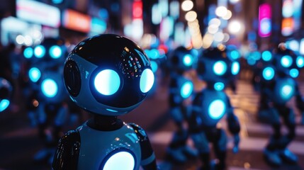 Robots Marching Through a City at Night