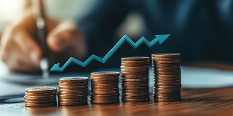 Stacks of Coins with Upward Arrows Indicating Economic Growth