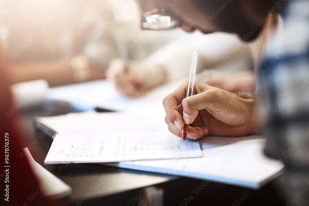 Leinwandbilder Writing, learning or hand of person in college for education, notes or accounting course. Student, books or studying at table for exam preparation, finance assignment or lesson on stats in university