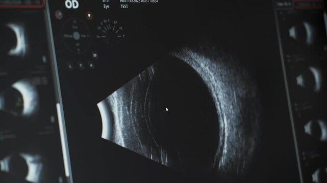 The doctor performs an ultrasound examination of the eyes