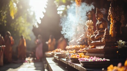 Golden Buddha Statue with Offerings and Incense Smoke