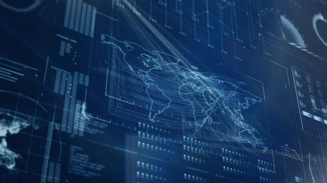 Animation of data processing with world map on black backgroud