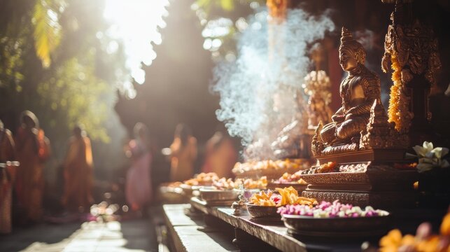 Golden Buddha Statue with Offerings and Incense Smoke