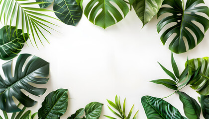 Naklejka premium Frame made of different lush tropical leaves on white background, top view. Space for text