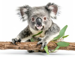 Fototapeta premium A koala is sitting on a branch with a leaf in its mouth