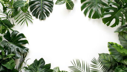 Frame made of different lush tropical leaves on white background, top view. Space for text