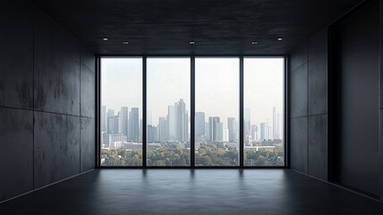 Fototapeta premium Modern empty room with windows and black concrete walls architecture building flooring. 
